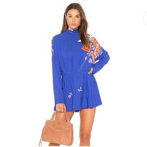 Free People Gemma Tunic Floral Dress Size Large OB686064 Blue EUC Long Sleeve
